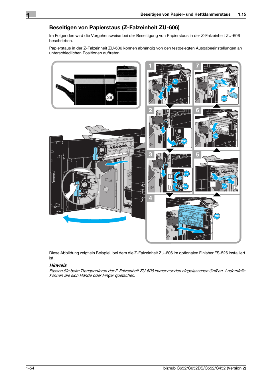 Beseitigen von papierstaus (z-falzeinheit zu-606), Seite 1-54 | Konica Minolta BIZHUB C652DS User Manual | Page 78 / 338