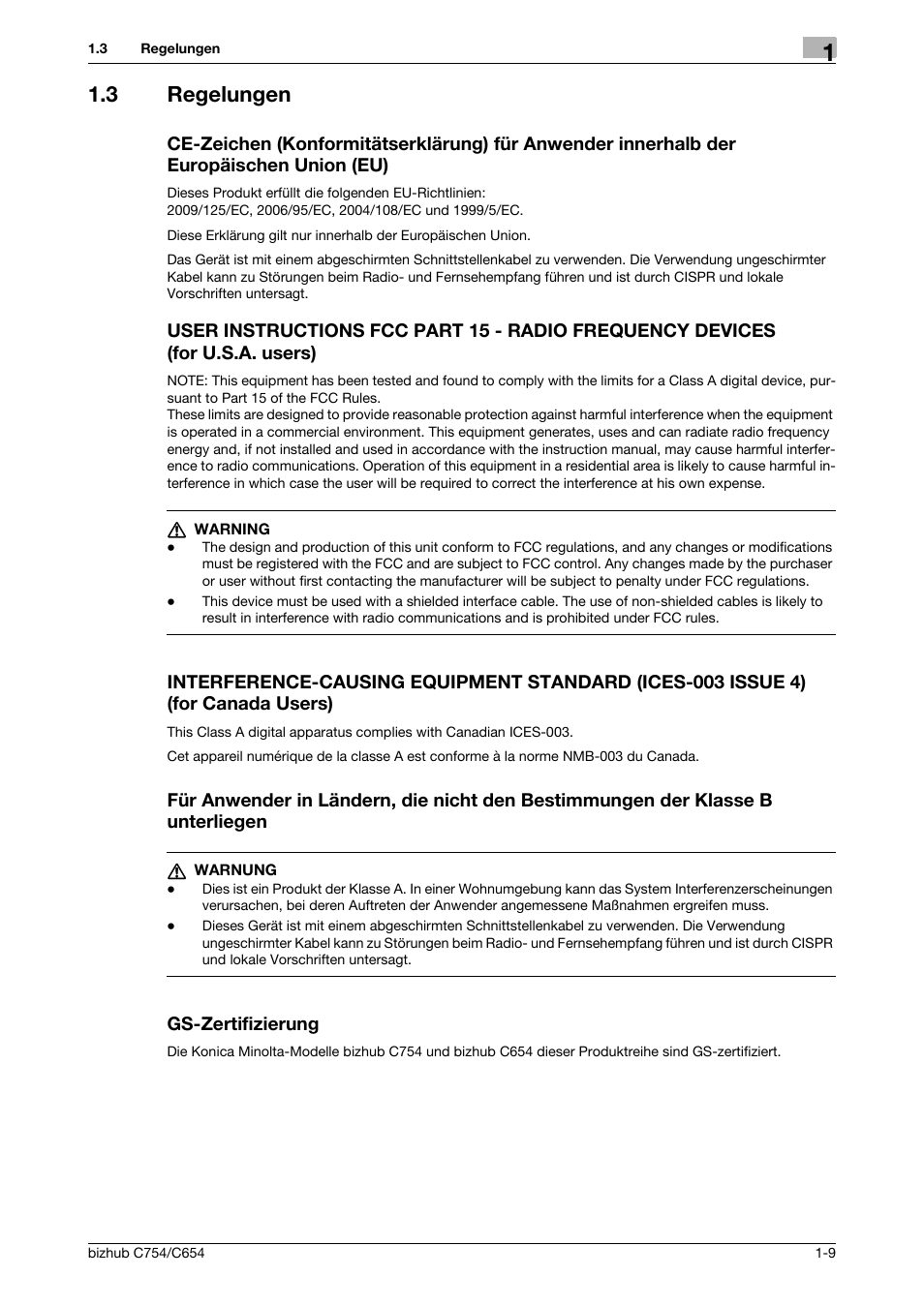 3 regelungen, Gs-zertifizierung | Konica Minolta bizhub C654 User Manual | Page 17 / 134