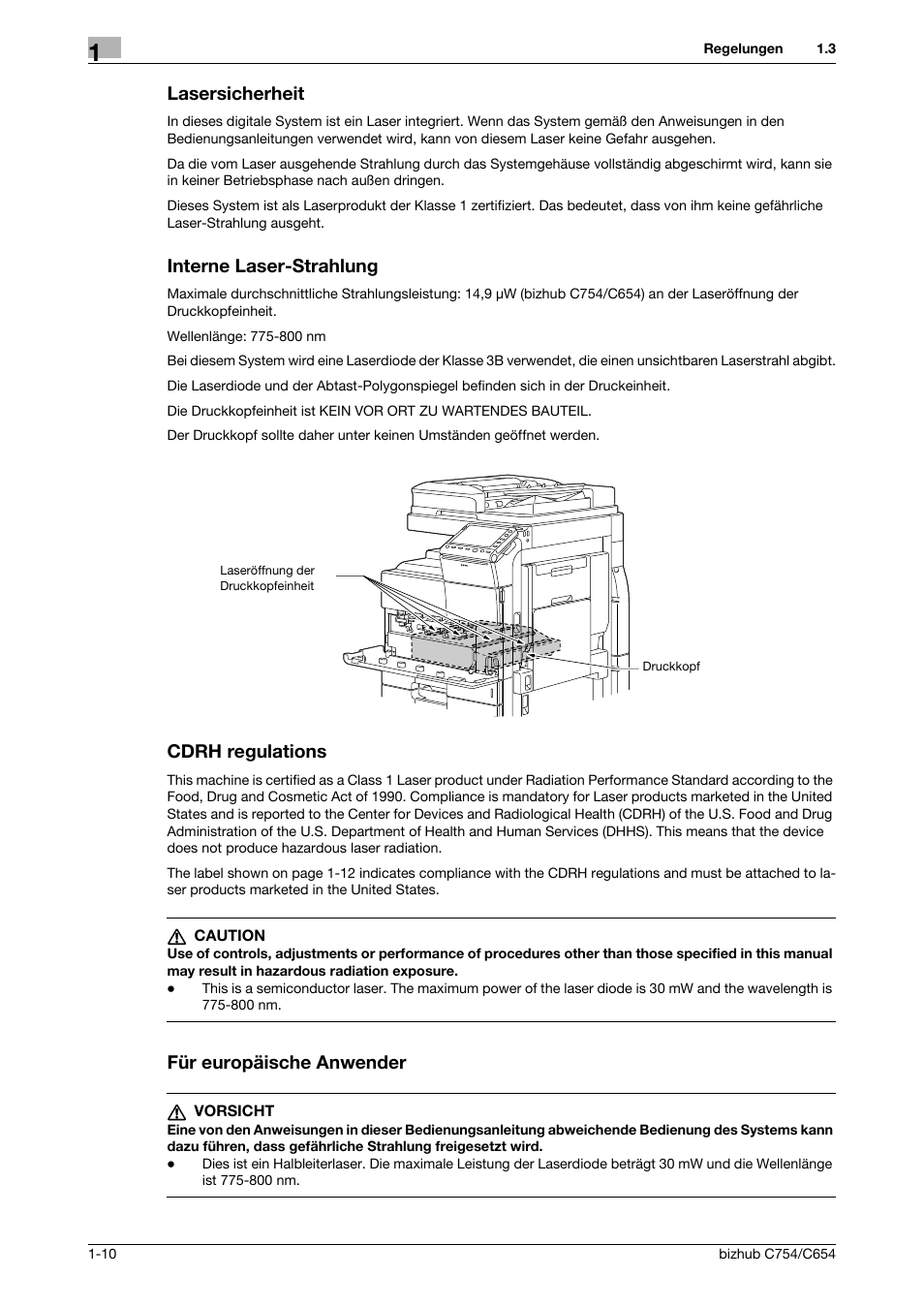 Lasersicherheit, Interne laser-strahlung, Cdrh regulations | Für europäische anwender | Konica Minolta bizhub C654 User Manual | Page 18 / 134