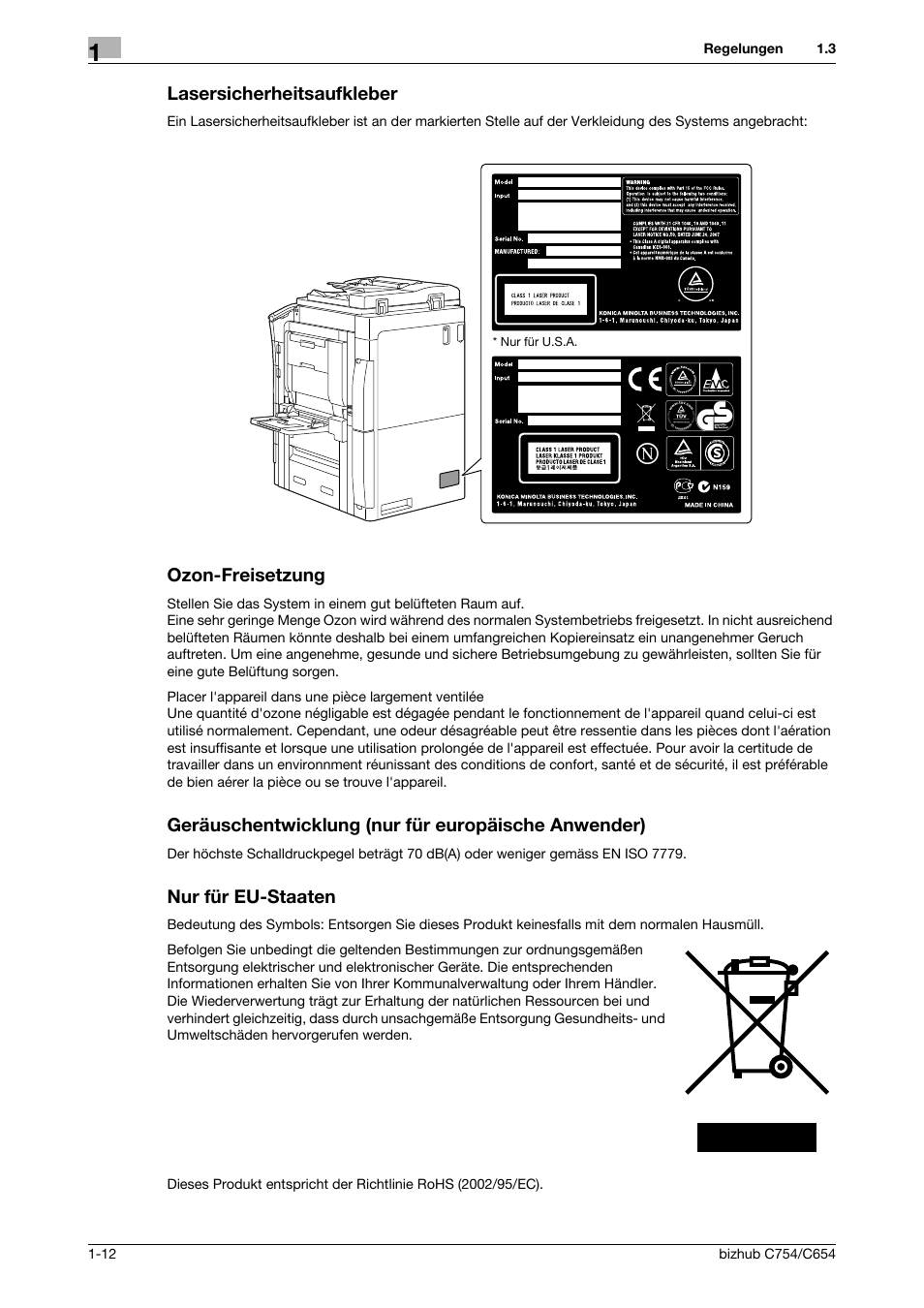 Lasersicherheitsaufkleber, Ozon-freisetzung, Geräuschentwicklung (nur für europäische anwender) | Nur für eu-staaten | Konica Minolta bizhub C654 User Manual | Page 20 / 134