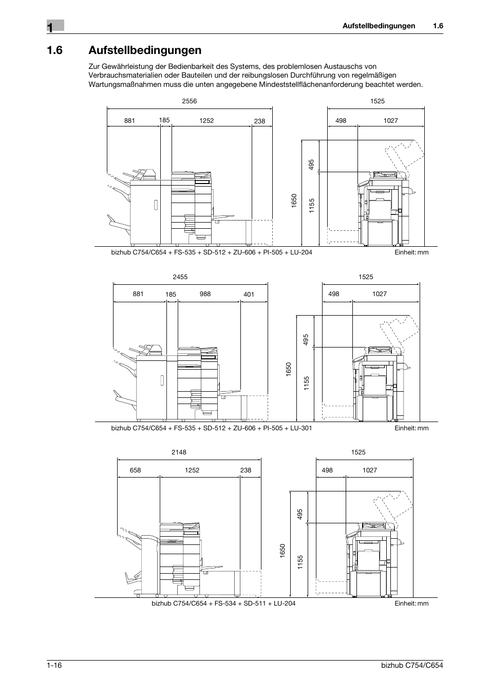 6 aufstellbedingungen, Aufstellbedingungen -16 | Konica Minolta bizhub C654 User Manual | Page 24 / 134