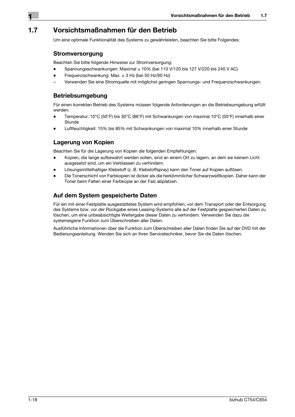 7 vorsichtsmaßnahmen für den betrieb, Stromversorgung, Betriebsumgebung | Lagerung von kopien, Auf dem system gespeicherte daten | Konica Minolta bizhub C654 User Manual | Page 26 / 134