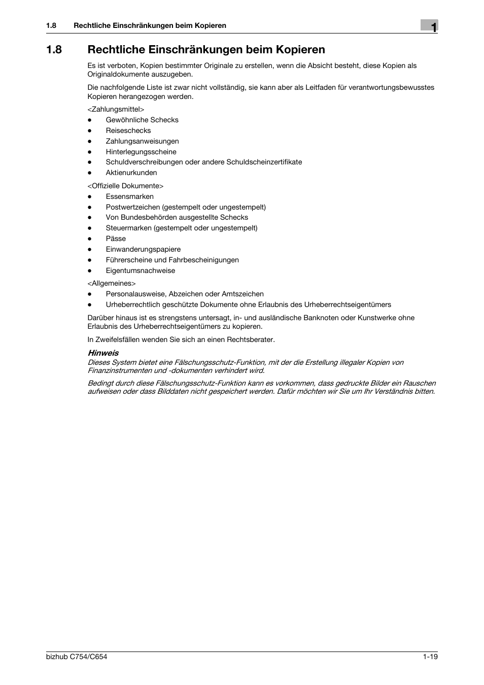 8 rechtliche einschränkungen beim kopieren, Rechtliche einschränkungen beim kopieren -19 | Konica Minolta bizhub C654 User Manual | Page 27 / 134