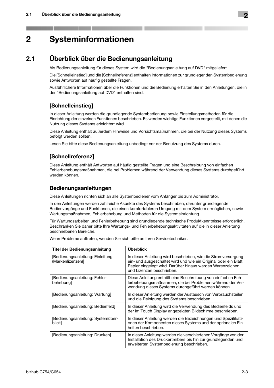 2 systeminformationen, 1 überblick über die bedienungsanleitung, Schnelleinstieg | Schnellreferenz, Bedienungsanleitungen, Systeminformationen, 2systeminformationen | Konica Minolta bizhub C654 User Manual | Page 31 / 134