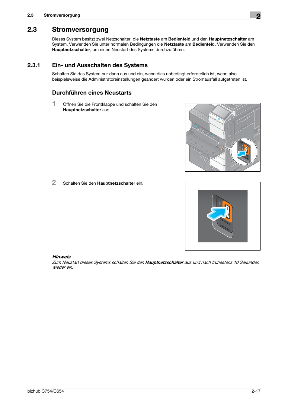 3 stromversorgung, 1 ein- und ausschalten des systems, Durchführen eines neustarts | Stromversorgung -17 | Konica Minolta bizhub C654 User Manual | Page 45 / 134