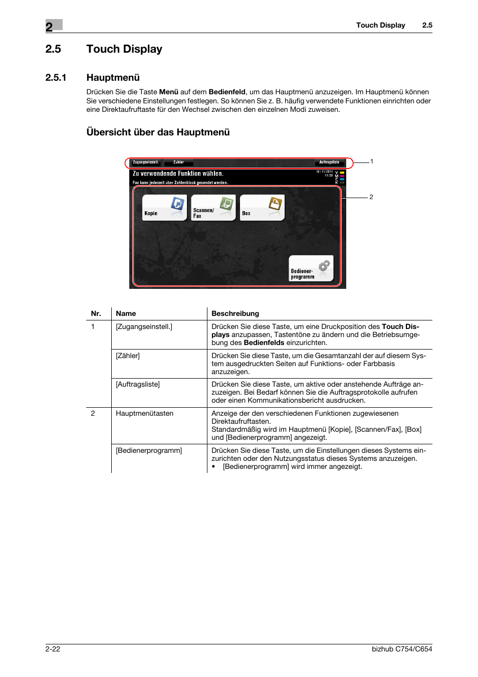 5 touch display, 1 hauptmenü, Übersicht über das hauptmenü | Touch display -22, Hauptmenü -22 übersicht über das hauptmenü -22 | Konica Minolta bizhub C654 User Manual | Page 50 / 134