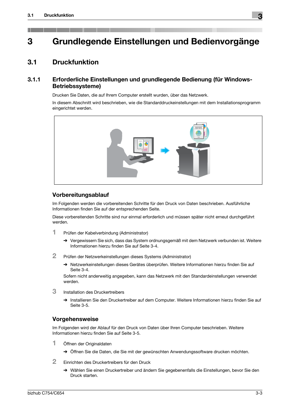 3 grundlegende einstellungen und bedienvorgänge, 1 druckfunktion, Vorbereitungsablauf | Vorgehensweise, Grundlegende einstellungen und bedienvorgänge, Druckfunktion -3, 3grundlegende einstellungen und bedienvorgänge | Konica Minolta bizhub C654 User Manual | Page 63 / 134