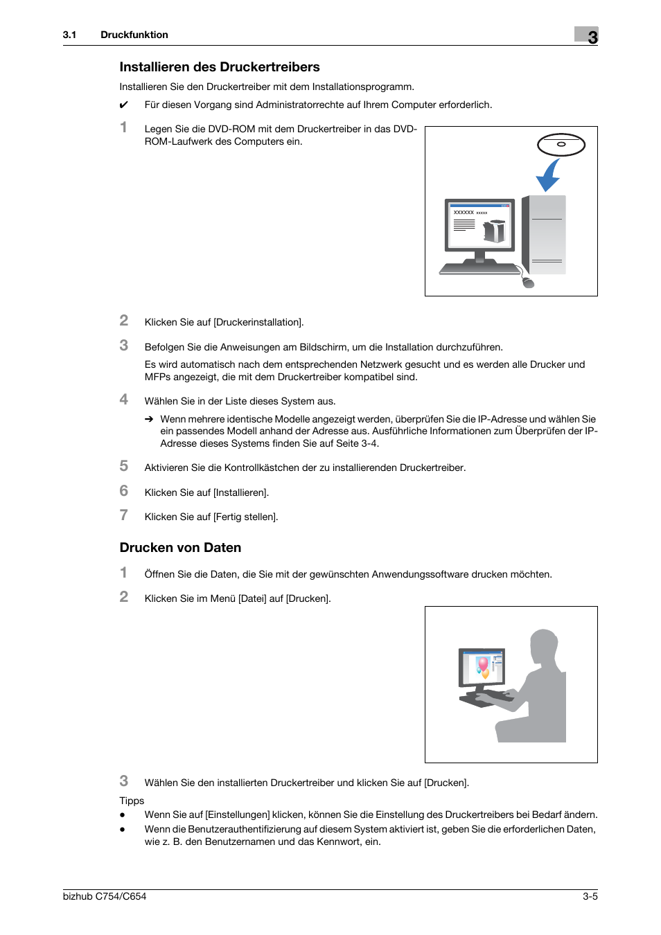 Installieren des druckertreibers, Drucken von daten, Seite 3-5 | Uf seite 3-5 | Konica Minolta bizhub C654 User Manual | Page 65 / 134