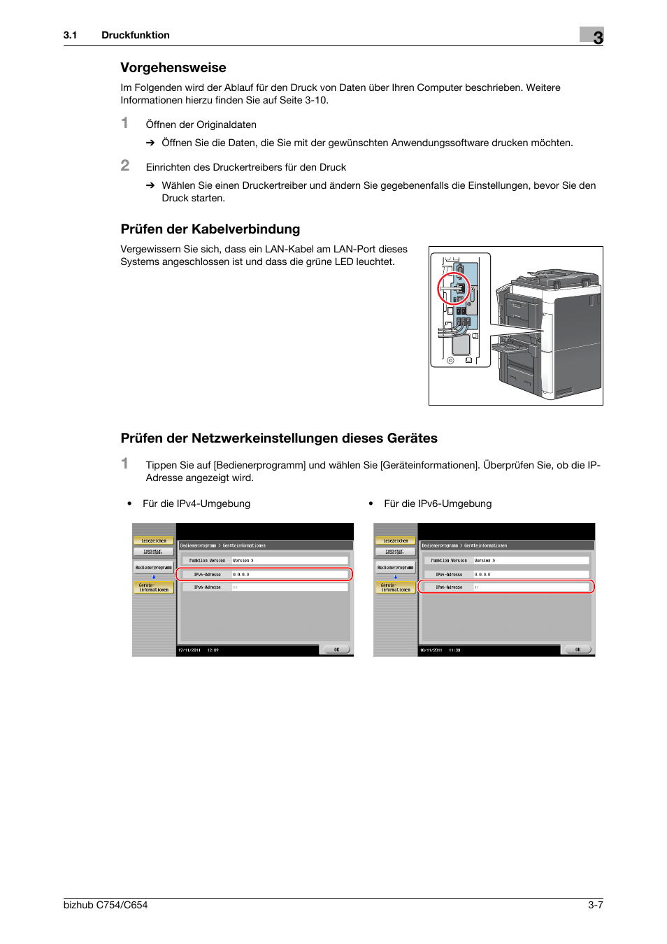 Vorgehensweise, Prüfen der kabelverbindung, Prüfen der netzwerkeinstellungen dieses gerätes | Uf seite 3-7, Seite 3-7 | Konica Minolta bizhub C654 User Manual | Page 67 / 134