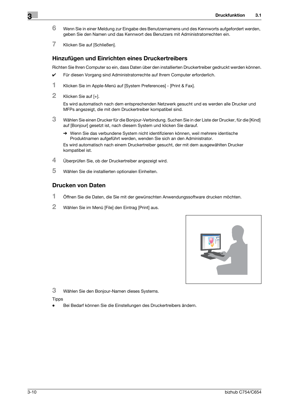Hinzufügen und einrichten eines druckertreibers, Drucken von daten, Seite 3-10 | Konica Minolta bizhub C654 User Manual | Page 70 / 134