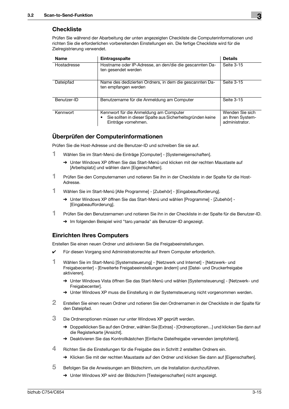 Checkliste, Überprüfen der computerinformationen, Einrichten ihres computers | Seite 3-15, Uf seite 3-15 | Konica Minolta bizhub C654 User Manual | Page 75 / 134