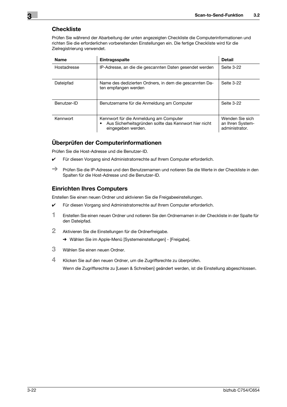 Checkliste, Überprüfen der computerinformationen, Einrichten ihres computers | F seite 3-22, Seite 3-22 | Konica Minolta bizhub C654 User Manual | Page 82 / 134