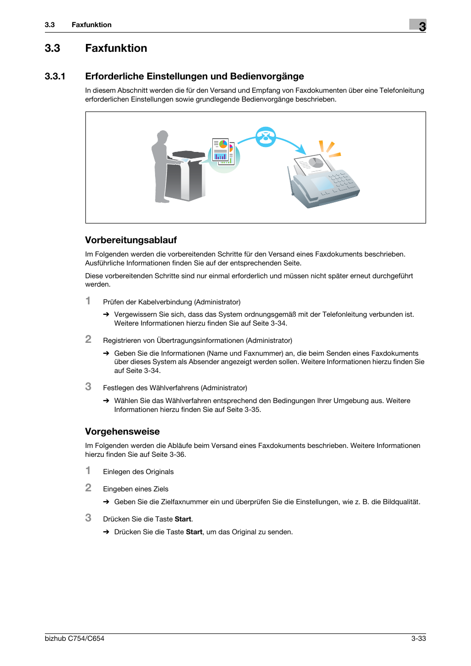 3 faxfunktion, 1 erforderliche einstellungen und bedienvorgänge, Vorbereitungsablauf | Vorgehensweise, Faxfunktion -33 | Konica Minolta bizhub C654 User Manual | Page 93 / 134