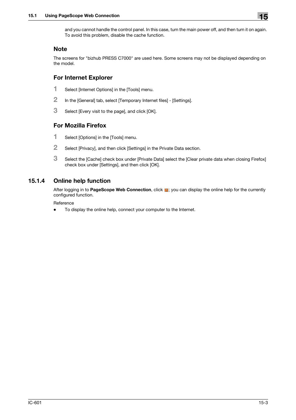 Note, For internet explorer, For mozilla firefox | 4 online help function, Online help function -3 | Konica Minolta bizhub PRESS C70hc User Manual | Page 203 / 249