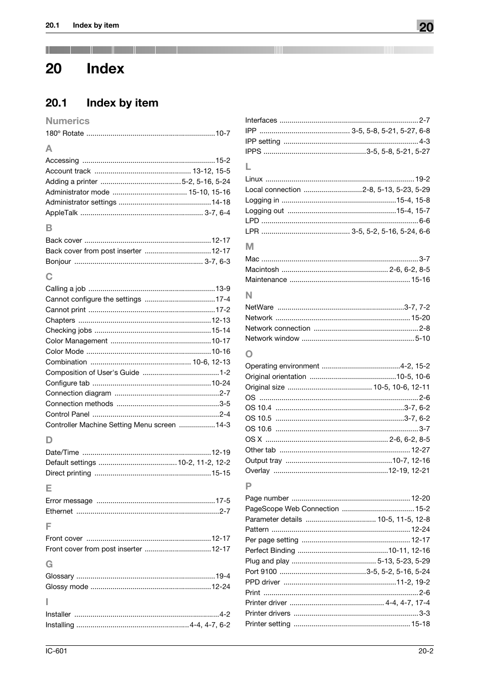 20 index, 1 index by item, Index | Index by item -2, Numerics | Konica Minolta bizhub PRESS C70hc User Manual | Page 246 / 249