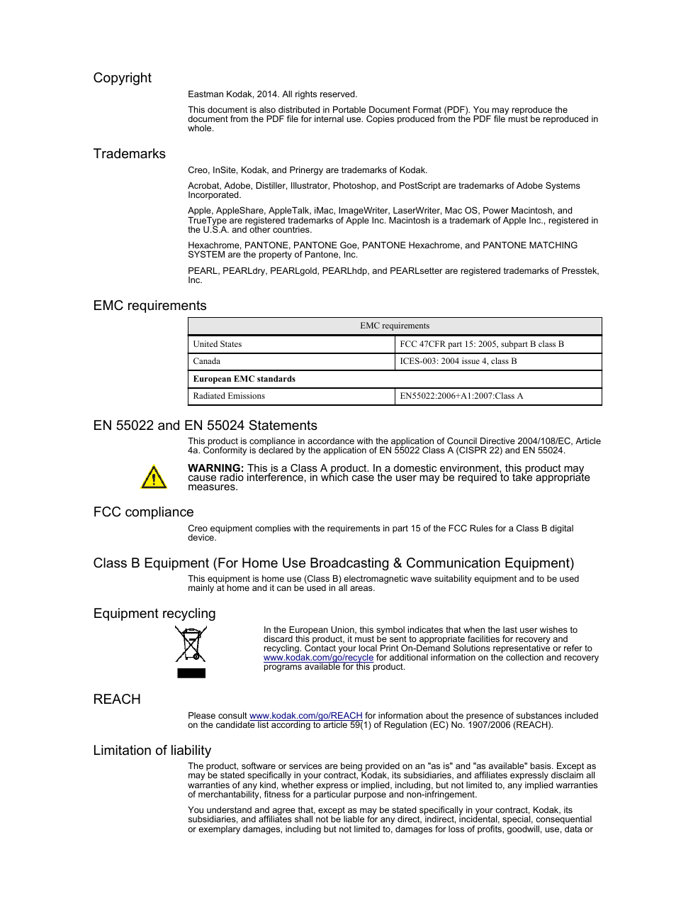 Copyright, Trademarks, Emc requirements | Fcc compliance, Equipment recycling, Reach, Limitation of liability | Konica Minolta bizhub PRESS C1100 User Manual | Page 3 / 11