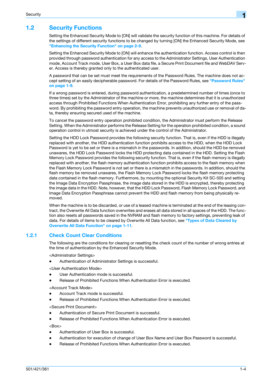 2 security functions, 1 check count clear conditions, Security functions -4 | Check count clear conditions -4 | Konica Minolta bizhub 361 User Manual | Page 10 / 217