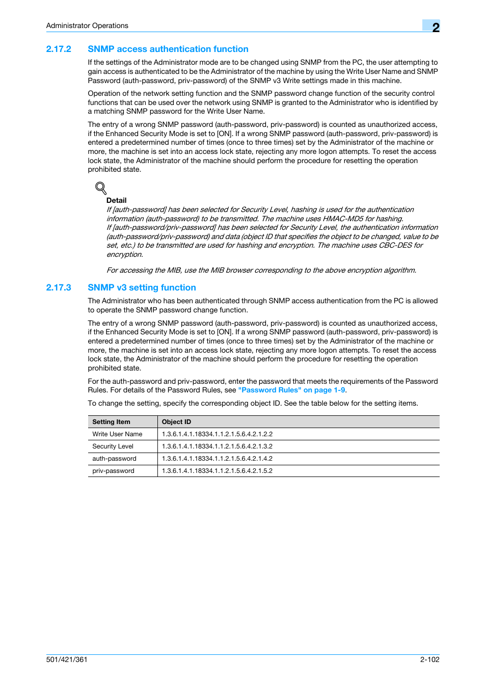 2 snmp access authentication function, 3 snmp v3 setting function, Snmp access authentication function -102 | Snmp v3 setting function -102 | Konica Minolta bizhub 361 User Manual | Page 119 / 217