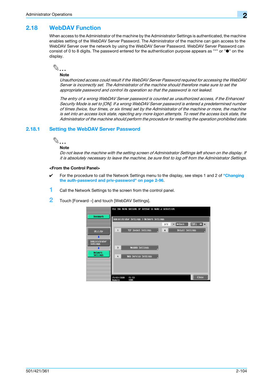 18 webdav function, 1 setting the webdav server password, From the control panel | Webdav function -104 | Konica Minolta bizhub 361 User Manual | Page 121 / 217