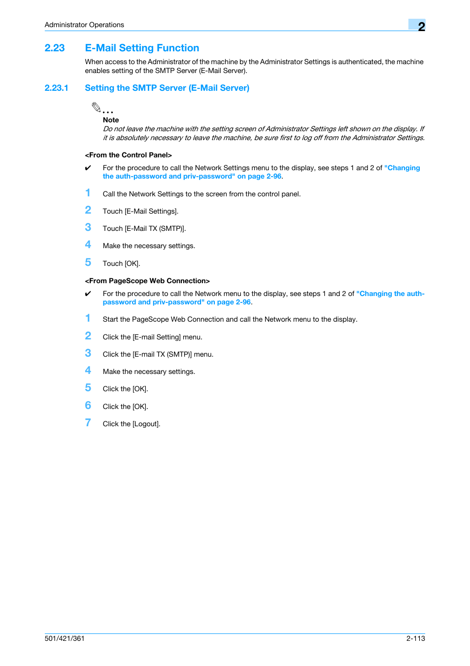 23 e-mail setting function, 1 setting the smtp server (e-mail server), From the control panel | E-mail setting function -113 | Konica Minolta bizhub 361 User Manual | Page 130 / 217