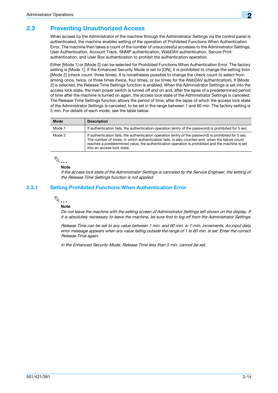 3 preventing unauthorized access, Preventing unauthorized access -14 | Konica Minolta bizhub 361 User Manual | Page 31 / 217