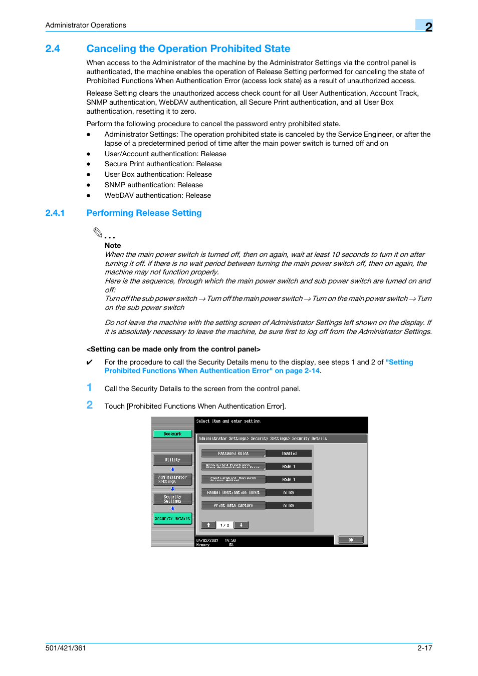 4 canceling the operation prohibited state, 1 performing release setting, Setting can be made only from the control panel | Canceling the operation prohibited state -17 | Konica Minolta bizhub 361 User Manual | Page 34 / 217