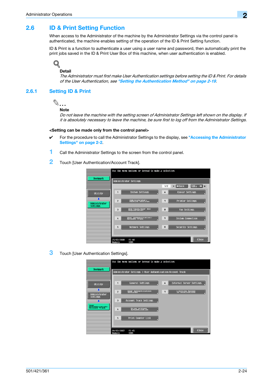 6 id & print setting function, 1 setting id & print, Setting can be made only from the control panel | Id & print setting function -24 | Konica Minolta bizhub 361 User Manual | Page 41 / 217