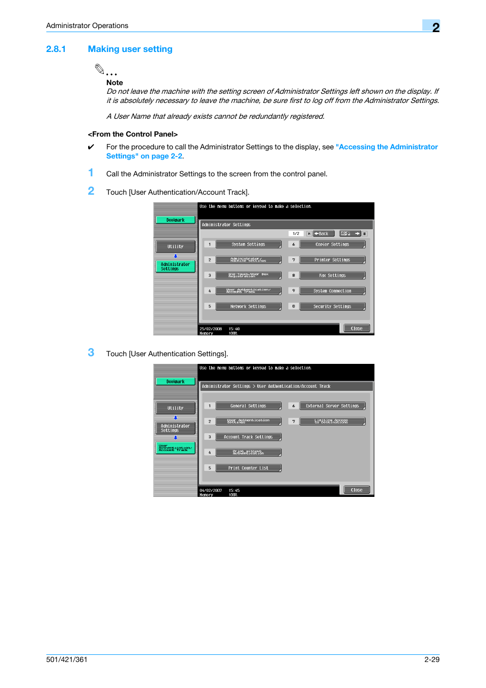 1 making user setting, From the control panel | Konica Minolta bizhub 361 User Manual | Page 46 / 217