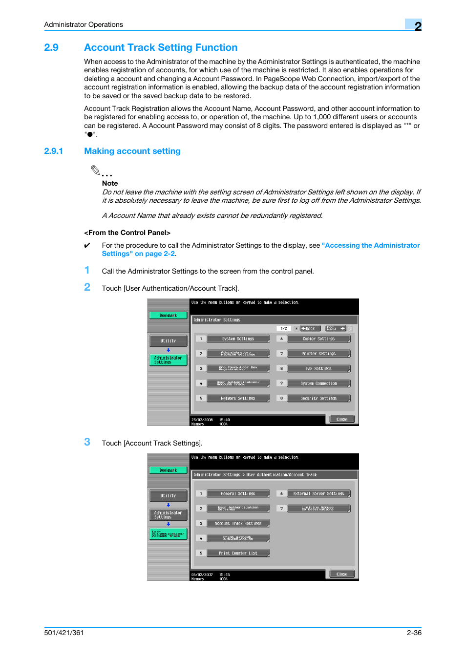 9 account track setting function, 1 making account setting, From the control panel | Account track setting function -36 | Konica Minolta bizhub 361 User Manual | Page 53 / 217