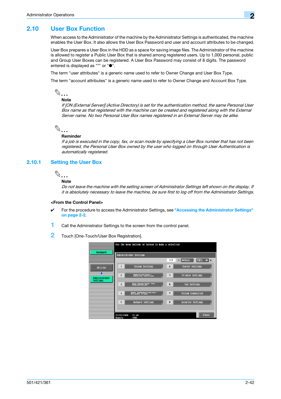 10 user box function, 1 setting the user box, From the control panel | User box function -42 | Konica Minolta bizhub 361 User Manual | Page 59 / 217
