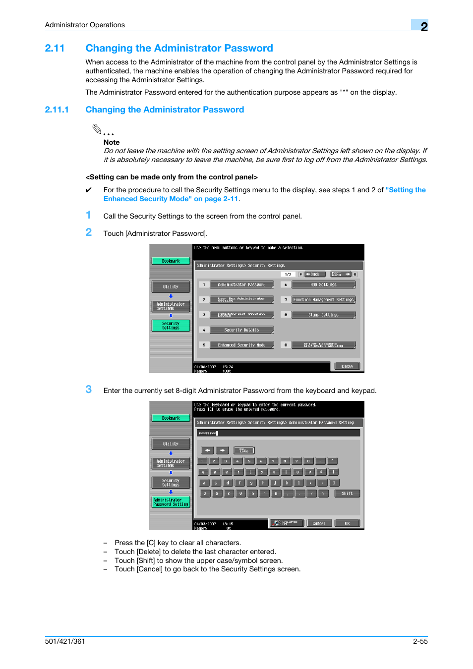 11 changing the administrator password, 1 changing the administrator password, Setting can be made only from the control panel | Changing the administrator password -55 | Konica Minolta bizhub 361 User Manual | Page 72 / 217