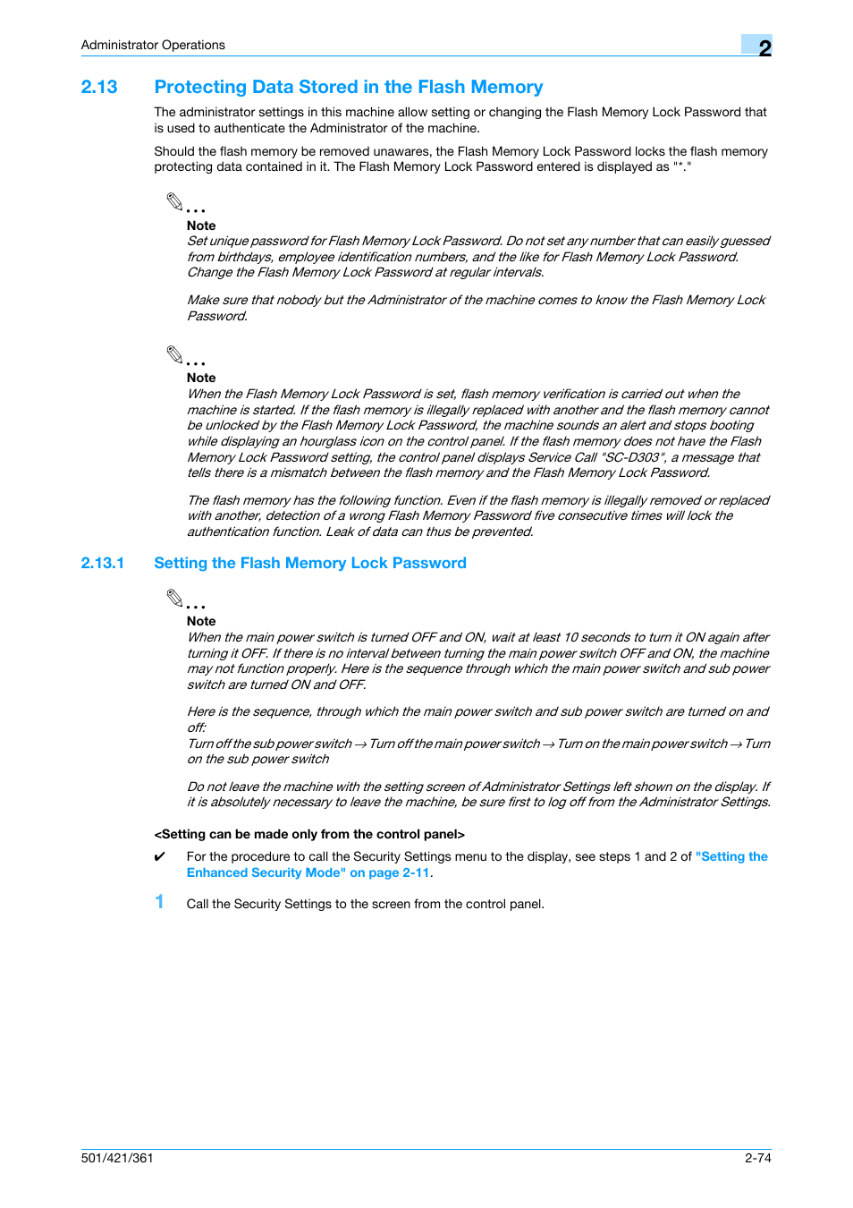 13 protecting data stored in the flash memory, 1 setting the flash memory lock password, Setting can be made only from the control panel | Protecting data stored in the flash memory -74 | Konica Minolta bizhub 361 User Manual | Page 91 / 217