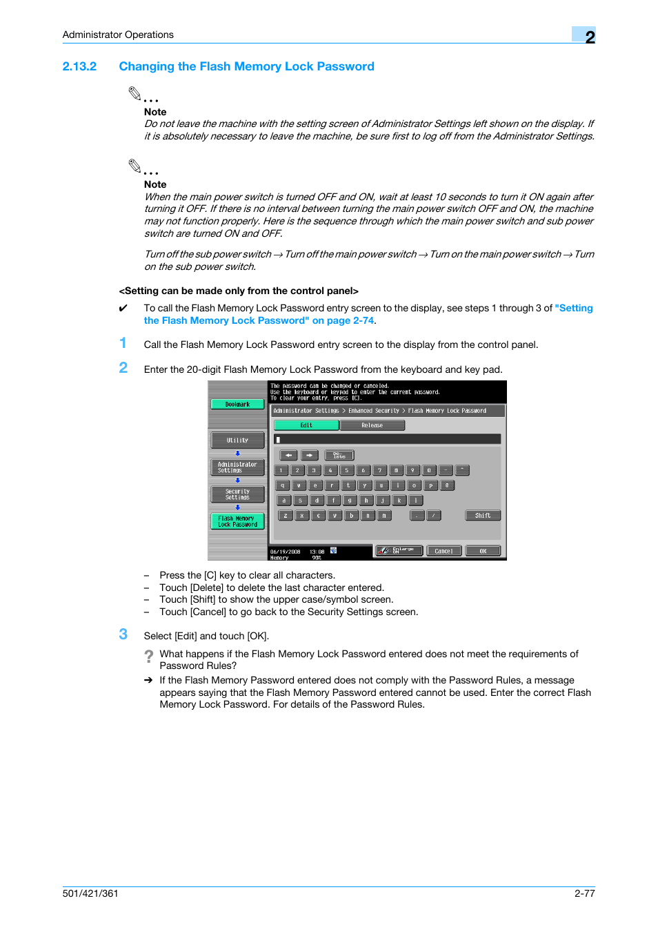 2 changing the flash memory lock password, Setting can be made only from the control panel, Changing the flash memory lock password | Konica Minolta bizhub 361 User Manual | Page 94 / 217