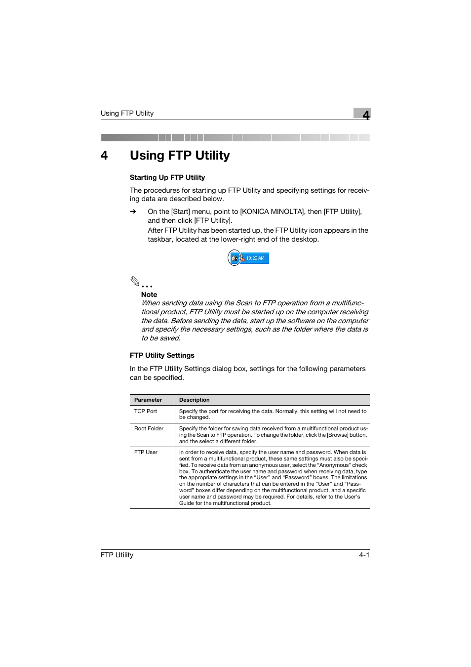 4 using ftp utility, Starting up ftp utility, Ftp utility settings | 4using ftp utility | Konica Minolta bizhub PRO C500 User Manual | Page 10 / 12