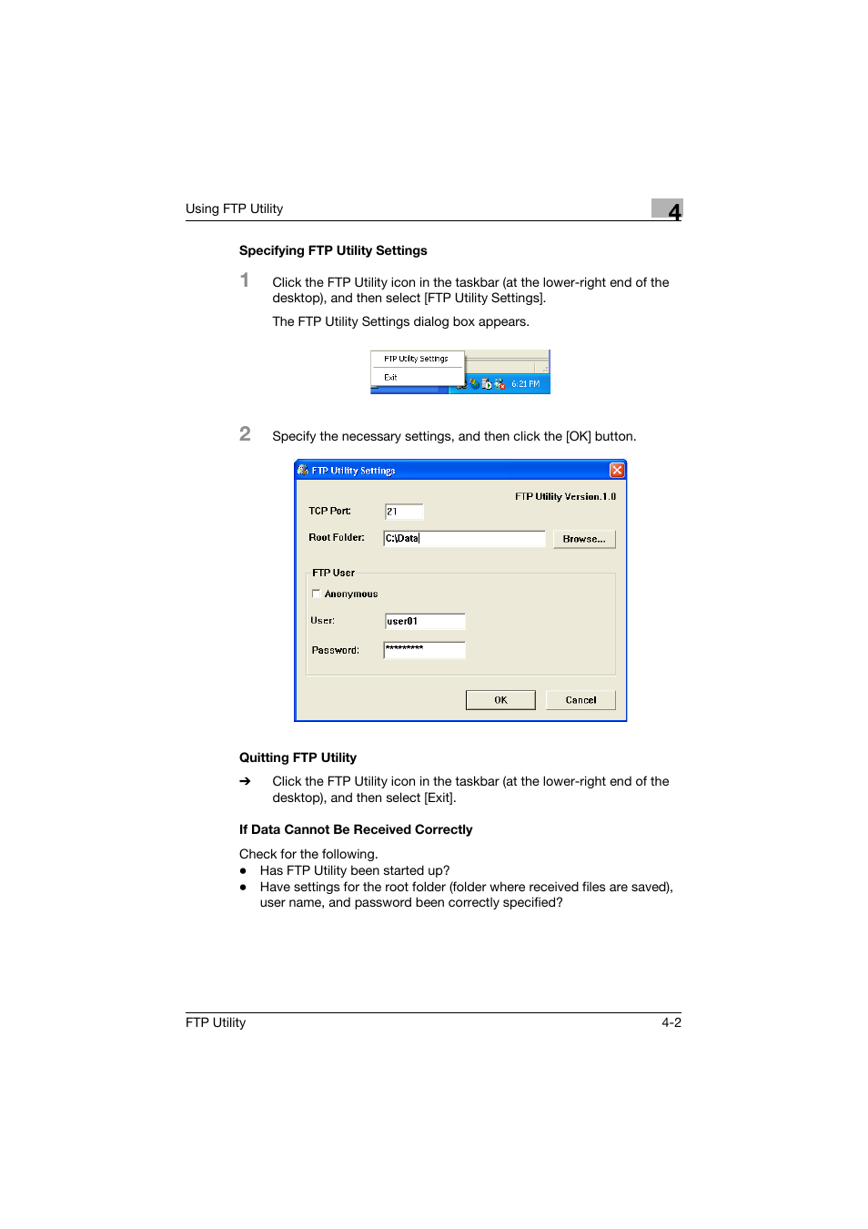 Specifying ftp utility settings, Quitting ftp utility, If data cannot be received correctly | Konica Minolta bizhub PRO C500 User Manual | Page 11 / 12