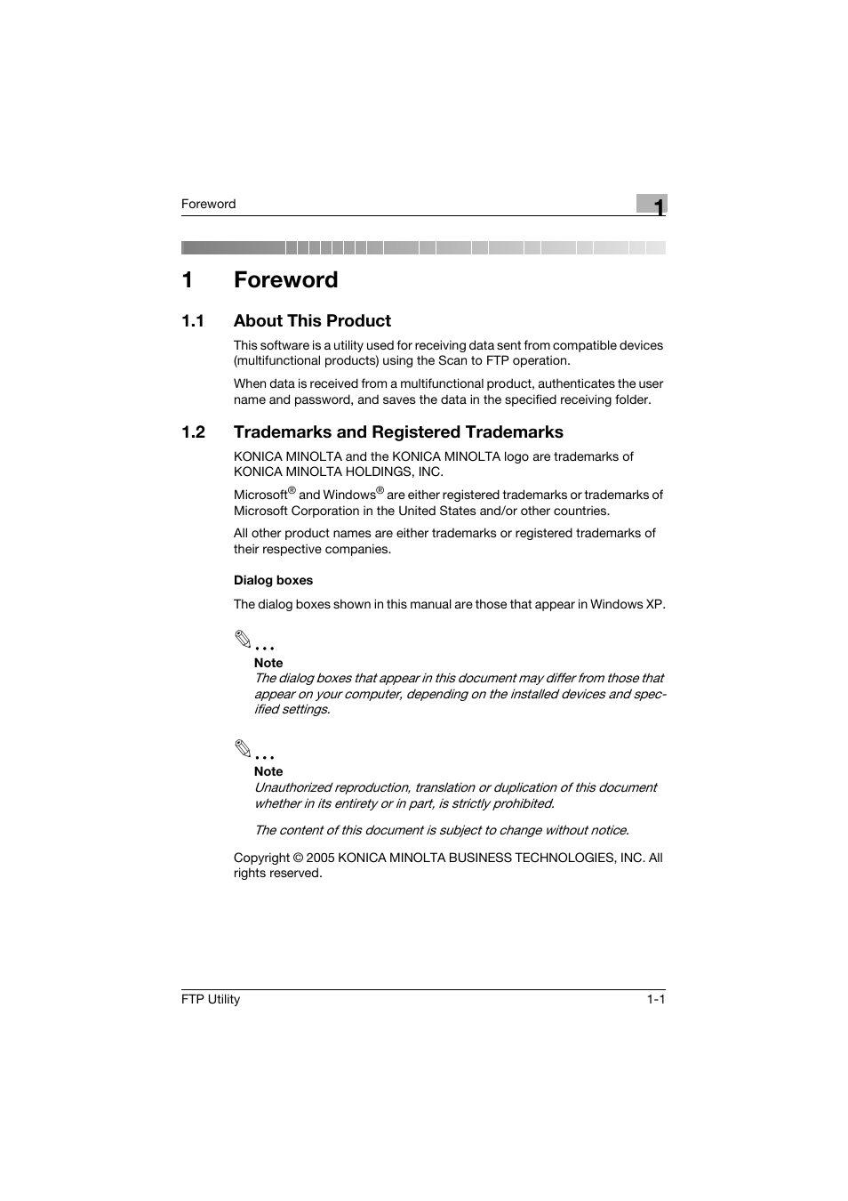 1 foreword, 1 about this product, 2 trademarks and registered trademarks | Dialog boxes, 1foreword | Konica Minolta bizhub PRO C500 User Manual | Page 2 / 12