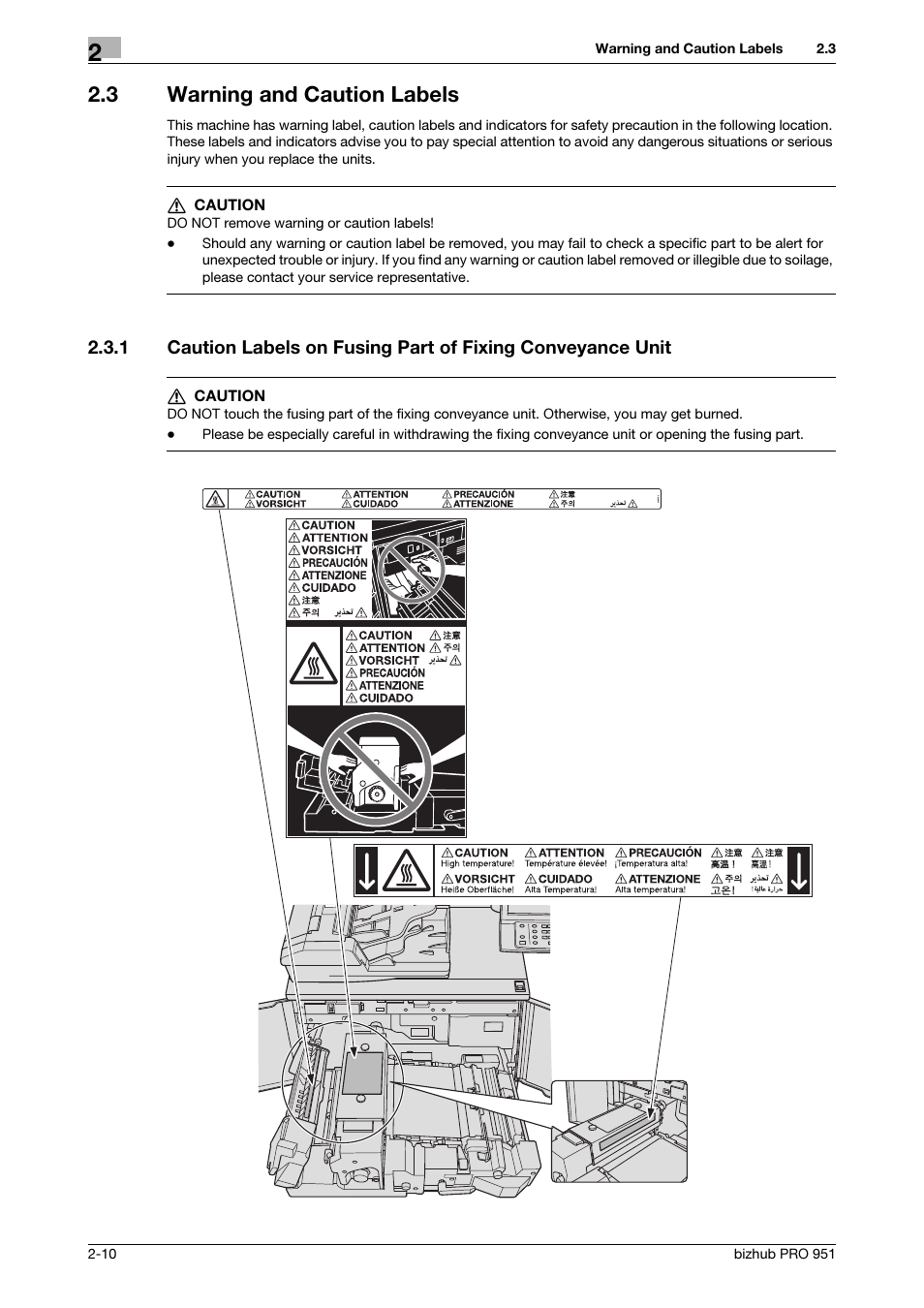3 warning and caution labels, Warning and caution labels -10 | Konica Minolta bizhub PRO 951 User Manual | Page 20 / 36