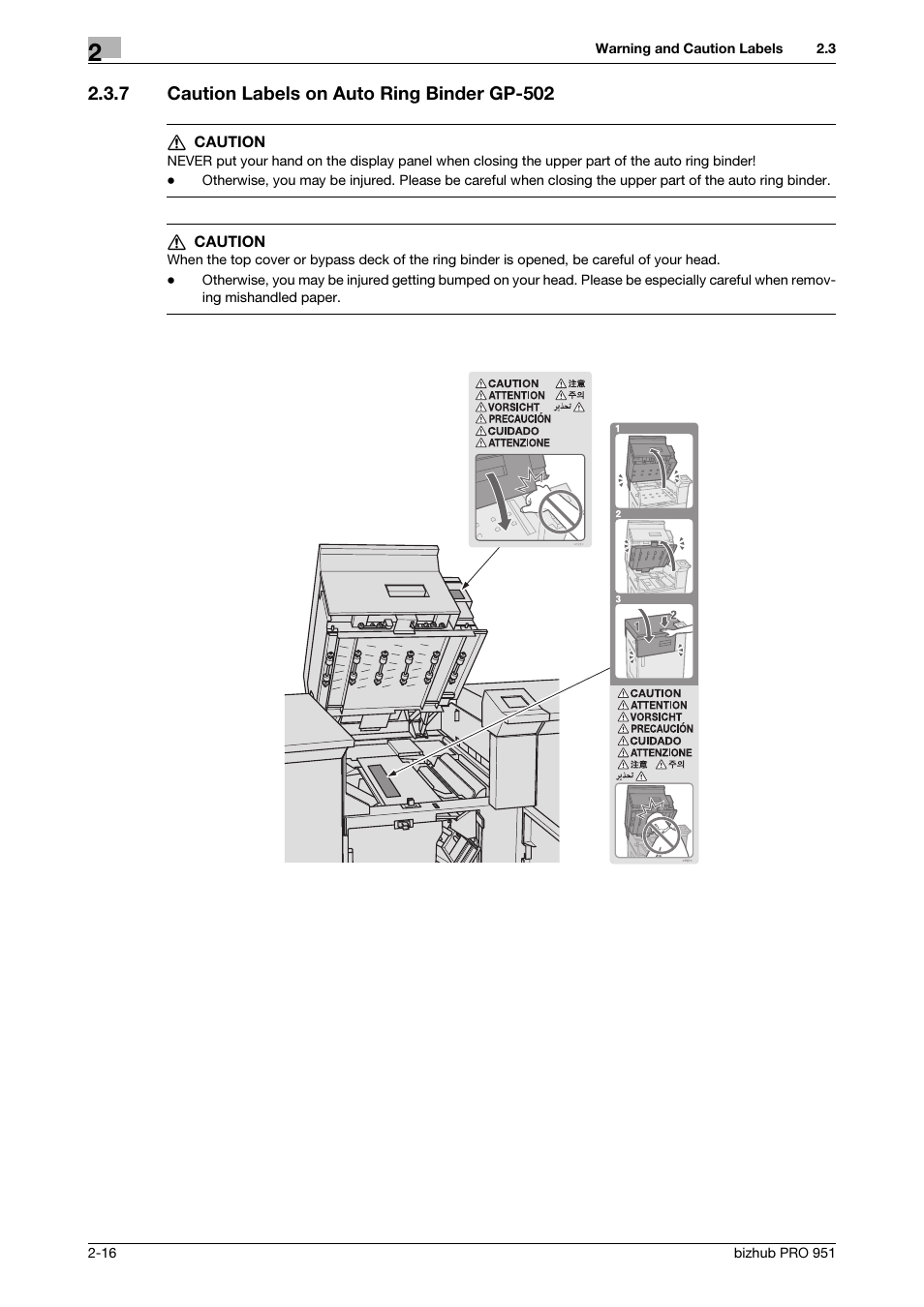 7 caution labels on auto ring binder gp-502, Caution labels on auto ring binder gp-502 -16 | Konica Minolta bizhub PRO 951 User Manual | Page 26 / 36