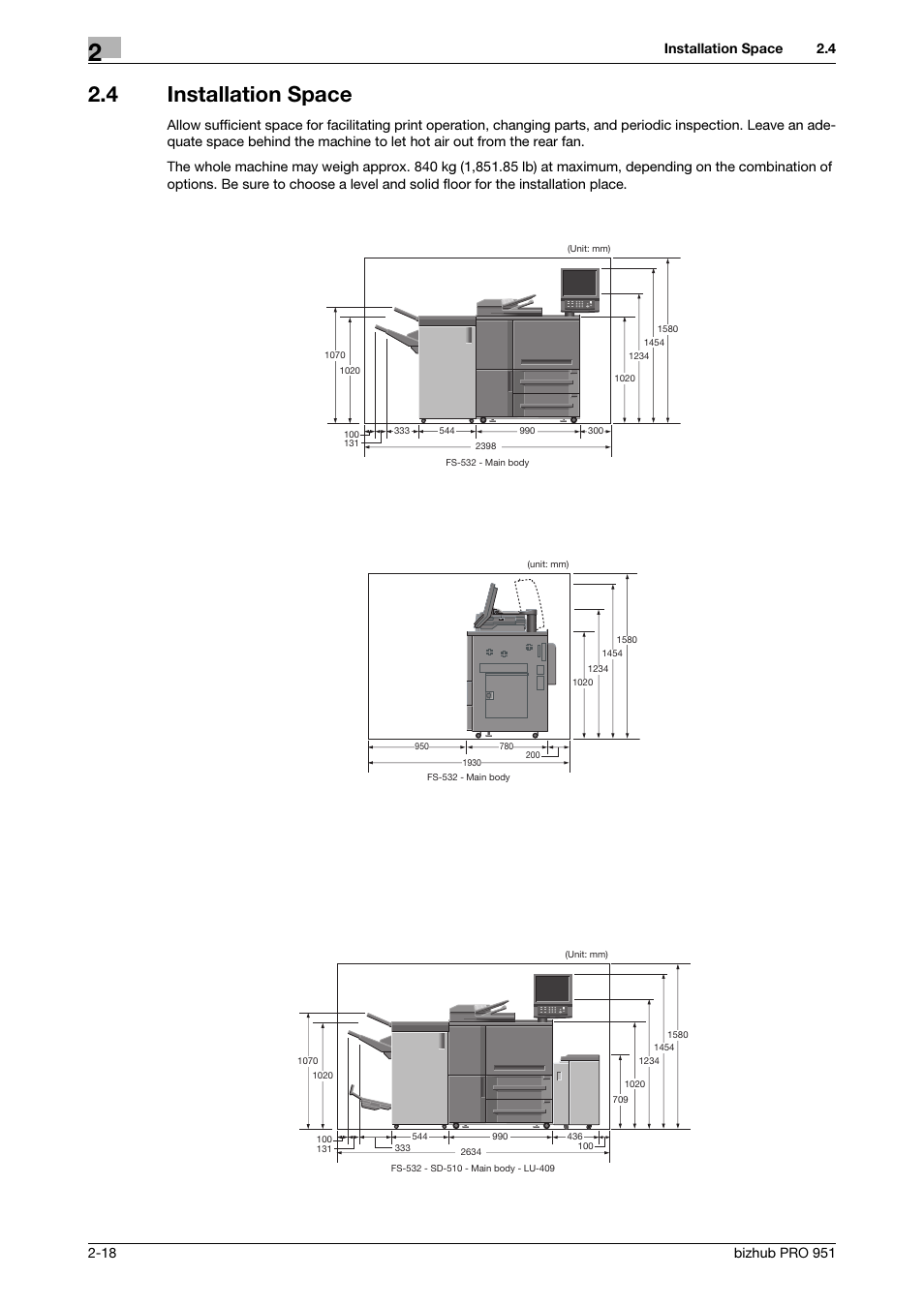 4 installation space, Installation space -18, Installation space | Konica Minolta bizhub PRO 951 User Manual | Page 28 / 36