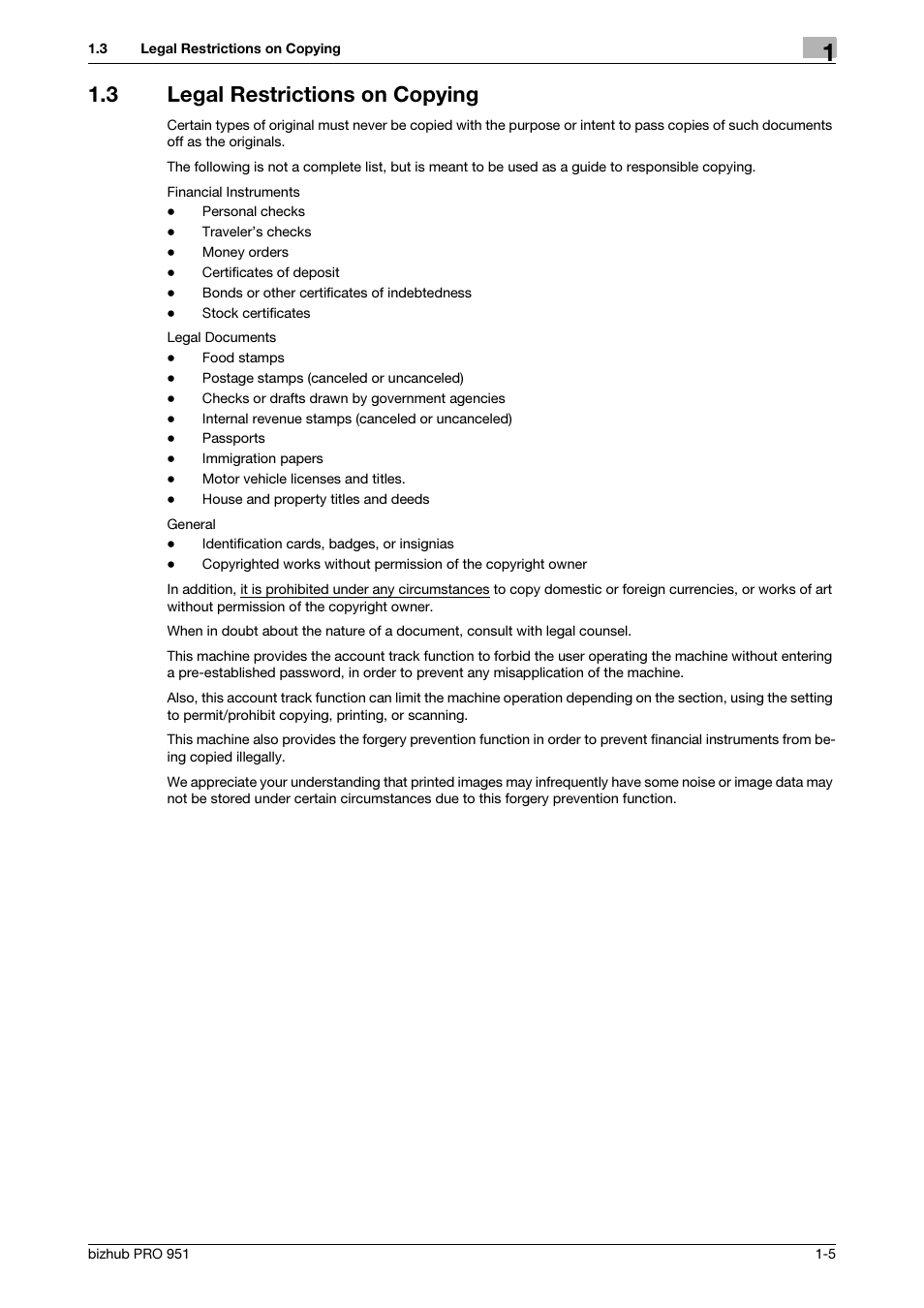 3 legal restrictions on copying, Legal restrictions on copying -5 | Konica Minolta bizhub PRO 951 User Manual | Page 9 / 36