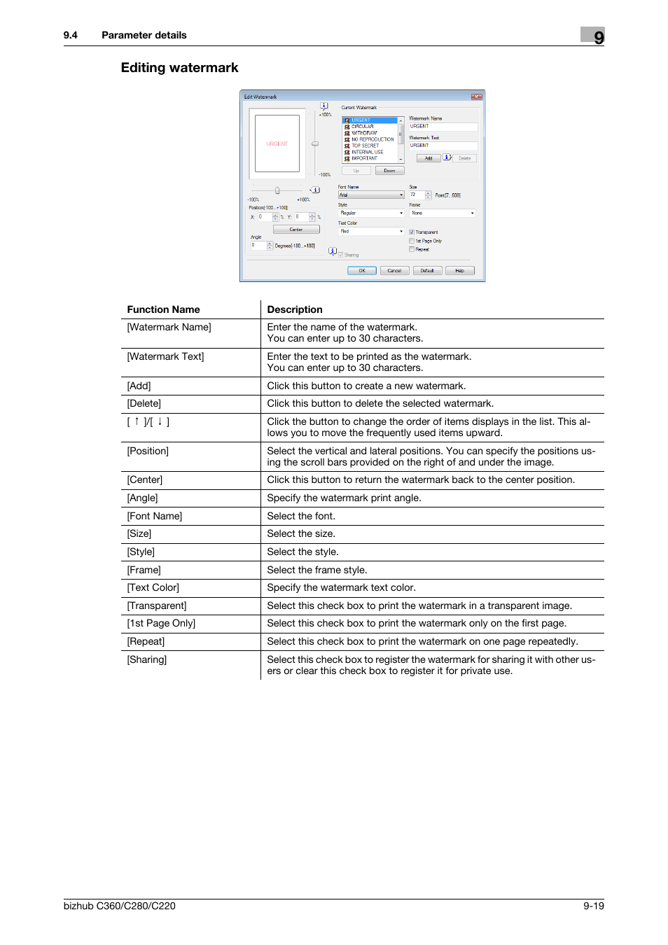 Editing watermark, Editing watermark -19 | Konica Minolta BIZHUB C360 User Manual | Page 109 / 311