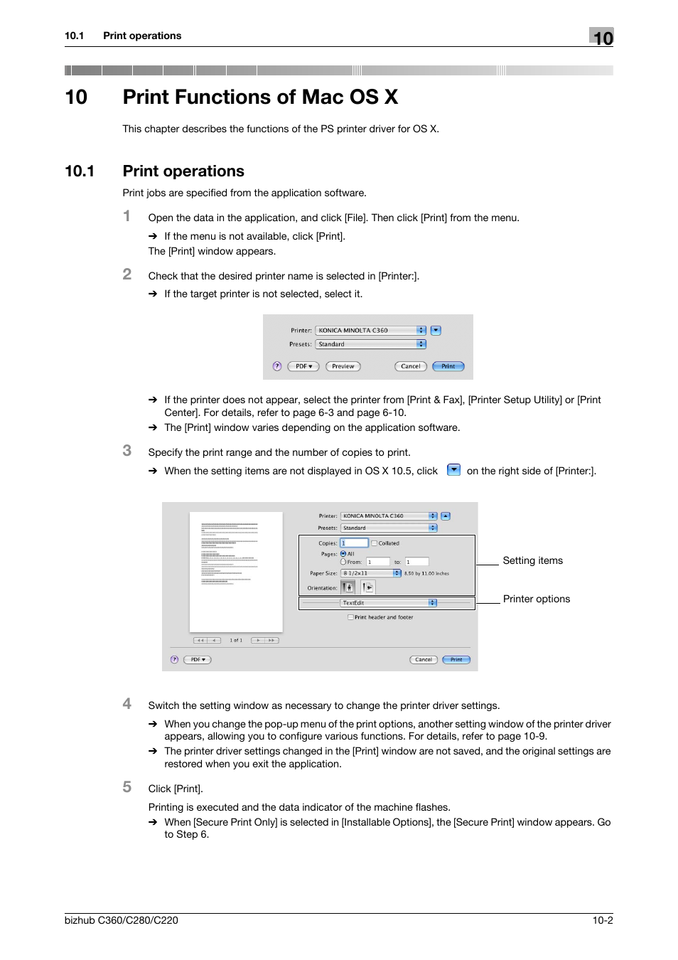 10 print functions of mac os x, 1 print operations, Print functions of mac os x | Print operations -2 | Konica Minolta BIZHUB C360 User Manual | Page 118 / 311