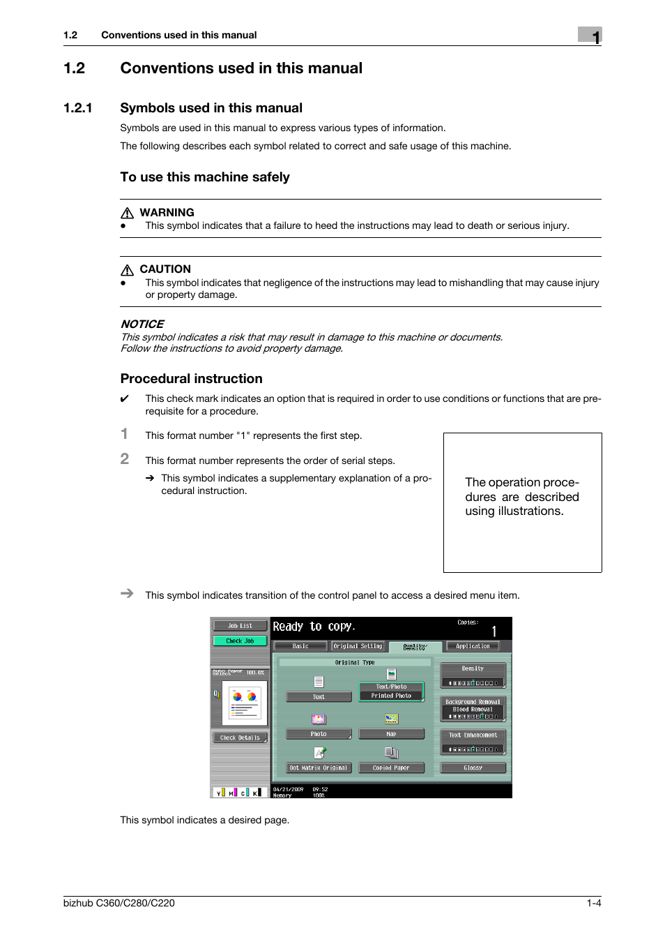 2 conventions used in this manual, 1 symbols used in this manual, To use this machine safely | Procedural instruction, Conventions used in this manual -4 | Konica Minolta BIZHUB C360 User Manual | Page 12 / 311