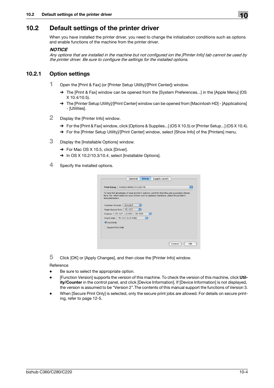 2 default settings of the printer driver, 1 option settings, Default settings of the printer driver -4 | Option settings -4 | Konica Minolta BIZHUB C360 User Manual | Page 120 / 311