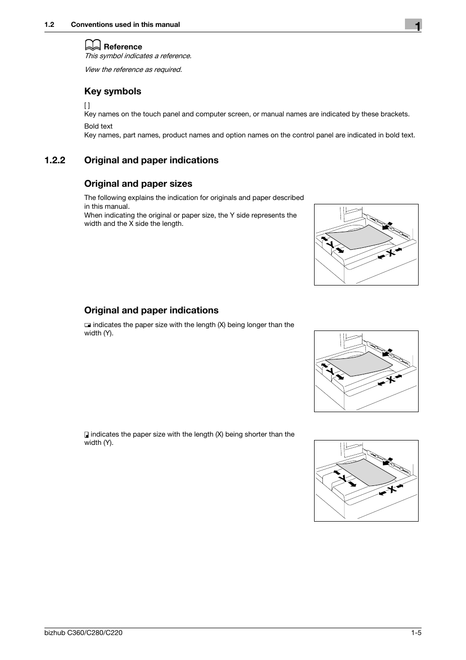 Key symbols, 2 original and paper indications, Original and paper sizes | Original and paper indications, Key symbols -5 | Konica Minolta BIZHUB C360 User Manual | Page 13 / 311