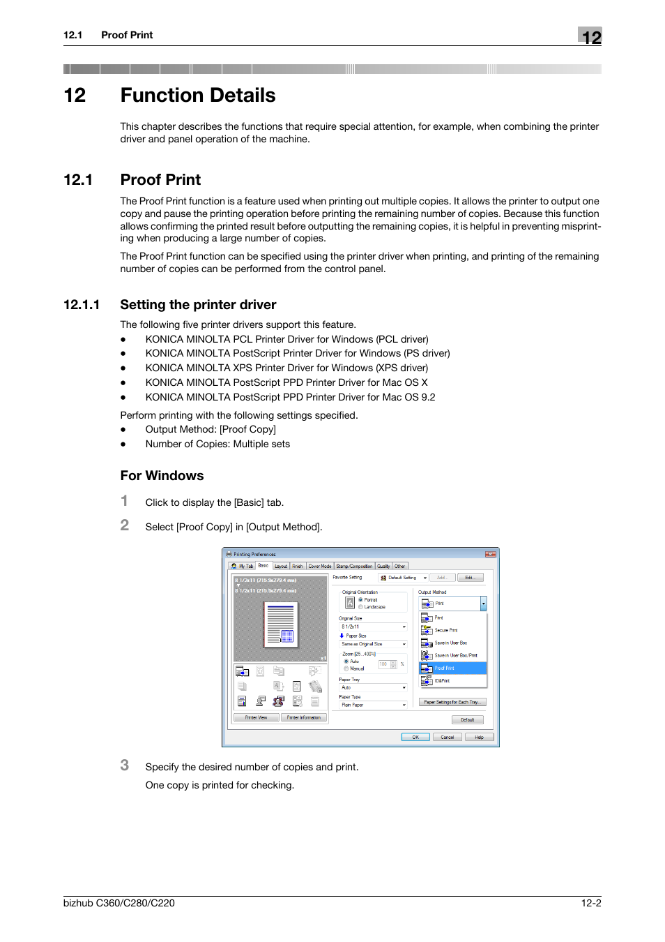 12 function details, 1 proof print, 1 setting the printer driver | For windows, Function details, Proof print -2, Setting the printer driver -2 for windows -2 | Konica Minolta BIZHUB C360 User Manual | Page 149 / 311