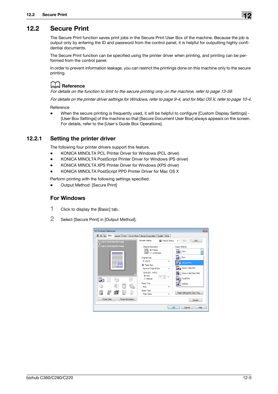 2 secure print, 1 setting the printer driver, For windows | Secure print -5, Setting the printer driver -5 for windows -5 | Konica Minolta BIZHUB C360 User Manual | Page 152 / 311