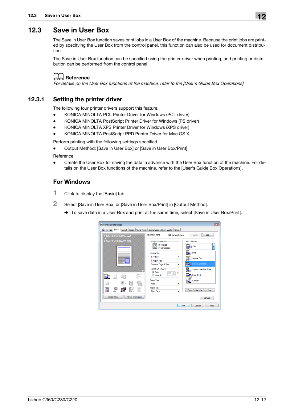 3 save in user box, 1 setting the printer driver, For windows | Save in user box -12, Setting the printer driver -12 for windows -12 | Konica Minolta BIZHUB C360 User Manual | Page 159 / 311