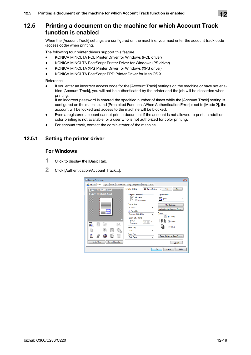 1 setting the printer driver, For windows, Setting the printer driver -19 for windows -19 | Konica Minolta BIZHUB C360 User Manual | Page 166 / 311
