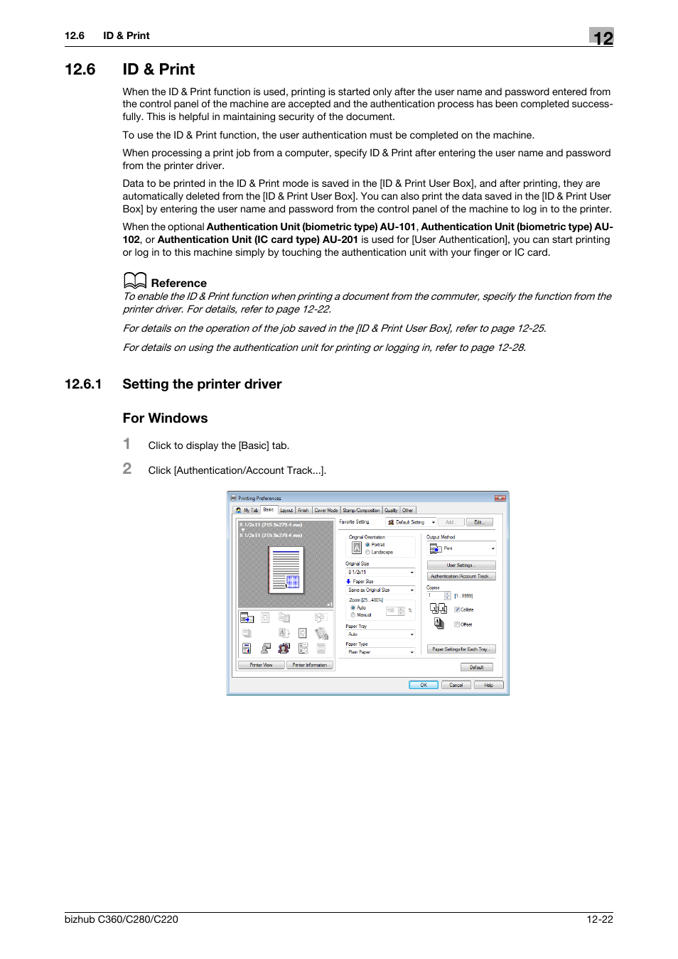 6 id & print, 1 setting the printer driver, For windows | Id & print -22, Setting the printer driver -22 for windows -22 | Konica Minolta BIZHUB C360 User Manual | Page 169 / 311